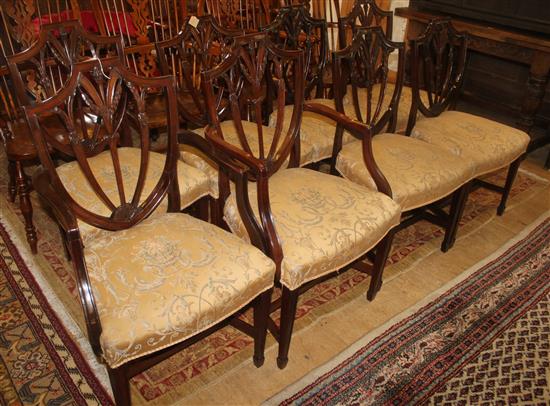 Set eight George III style mahogany shield-back dining chairs (two with arms)